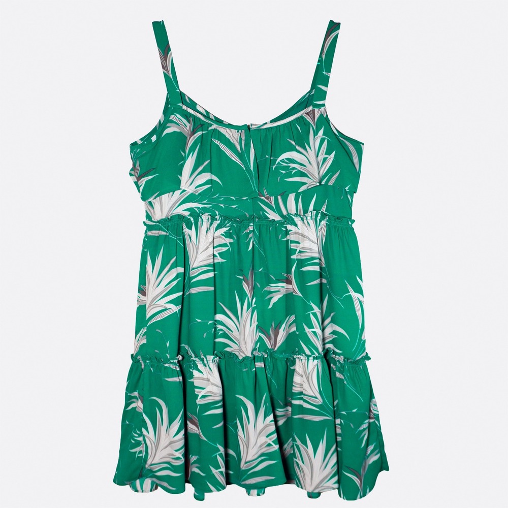 Taylor Empire Waist Mini Dress Green Tropical Palm Print Tiered Ruffle Size 0X L - Picture 3 of 9
